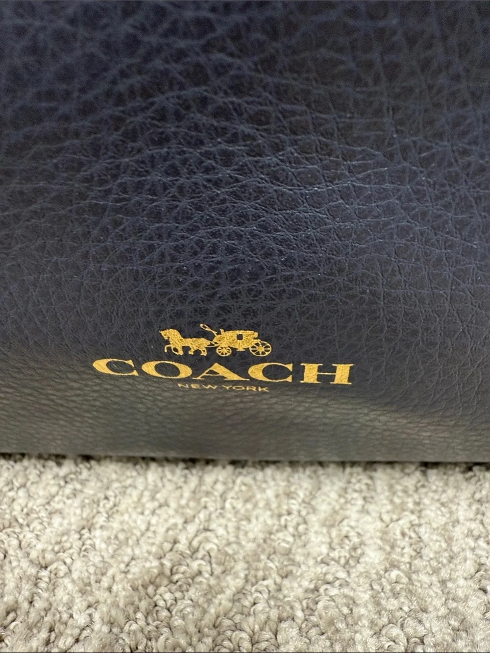 Coach Dark Navy Large Leather Derby Tote with Blue Webbed Handles- NWOT